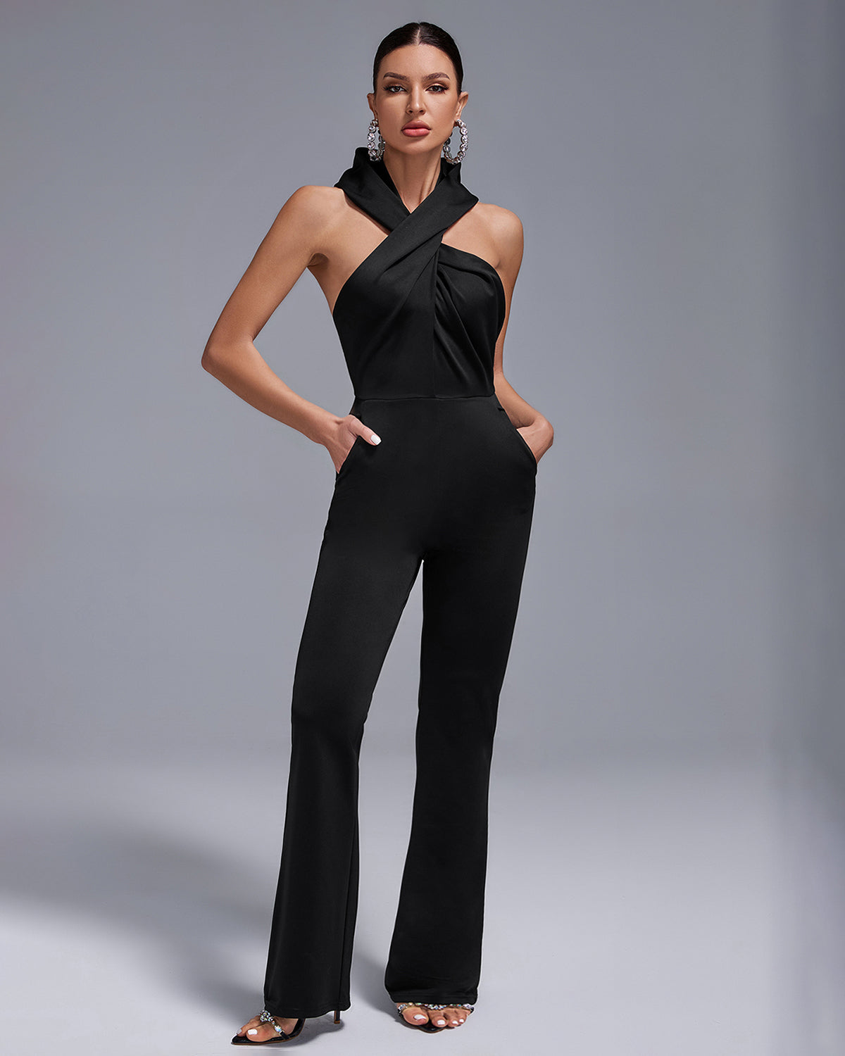 Tamara Black Crisscross Halter Backless Jumpsuit with Side Pockets