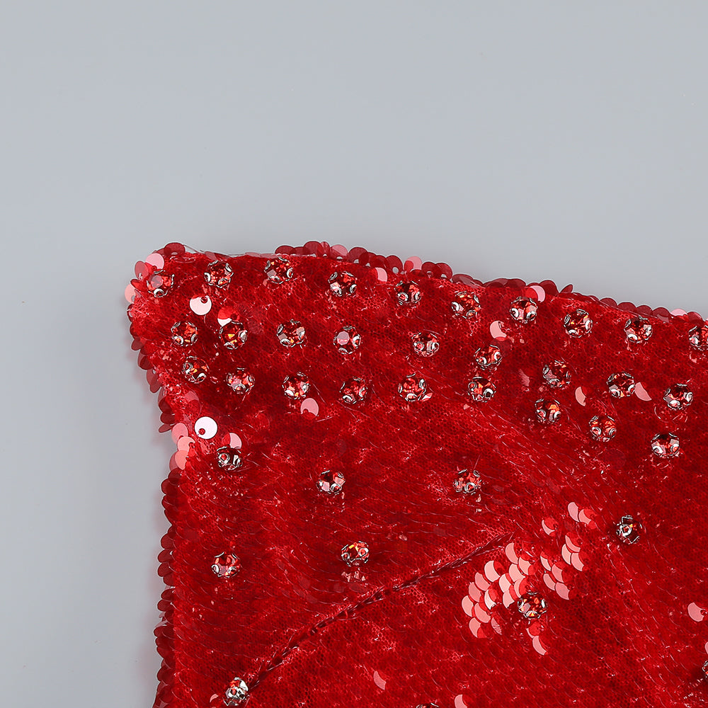 Kelsi Red Strapless Pointed Bodice Rhinestone Sequin Midi Dress