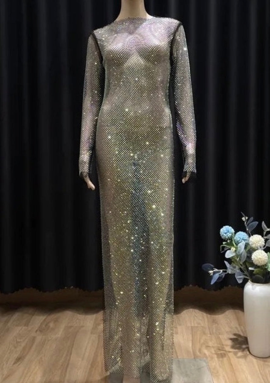 Aleida Rhinestone Mesh Maxi Dress