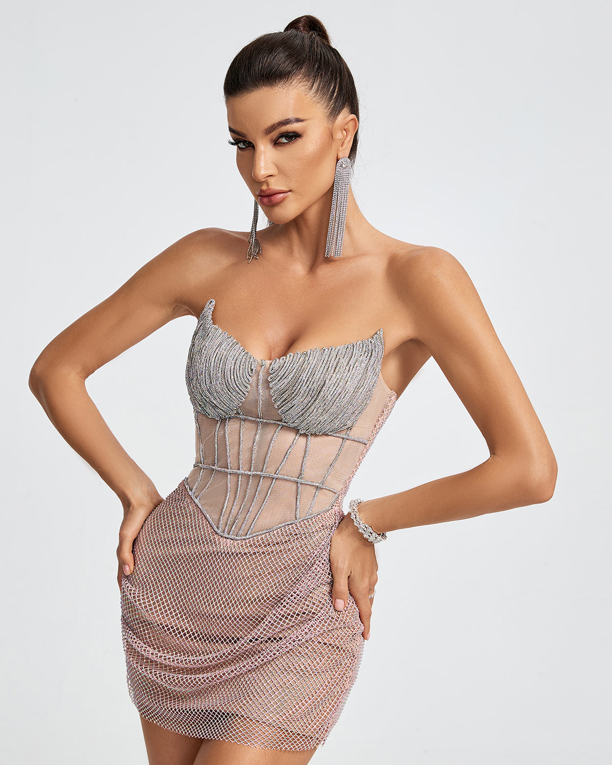 Willa Rhinestone Mesh Corset Strapless Mini Dress