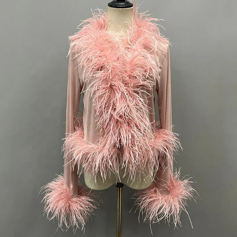 Cassie Sheer Long Sleeve Cardigan with Feather Collar and Sleeve Trim