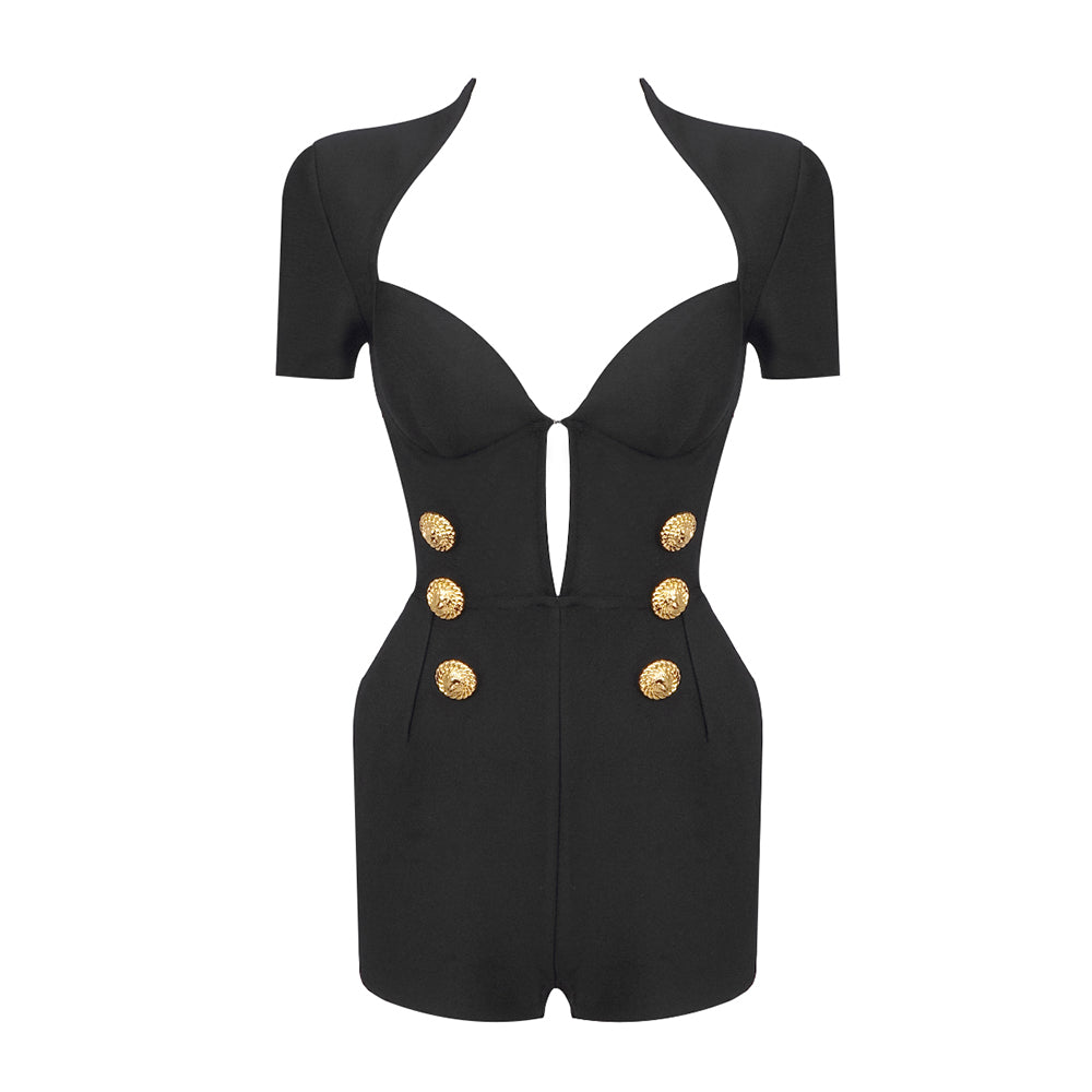 Donia Black Bandage Short Sleever Romper with Gold Button Detail