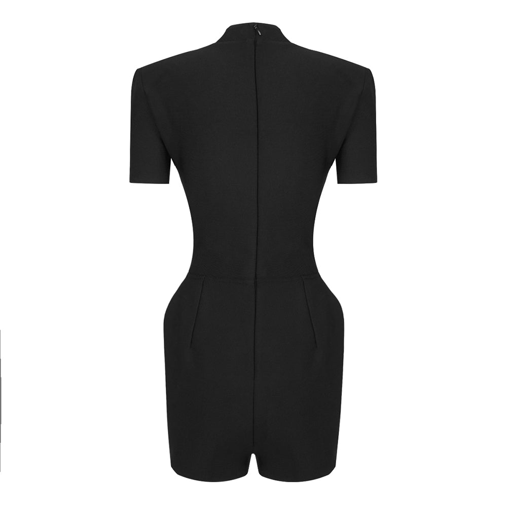Donia Black Bandage Short Sleever Romper with Gold Button Detail