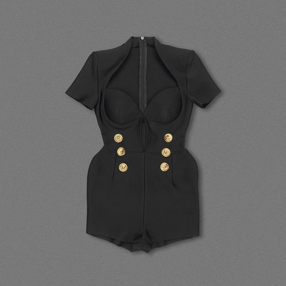 Donia Black Bandage Short Sleever Romper with Gold Button Detail