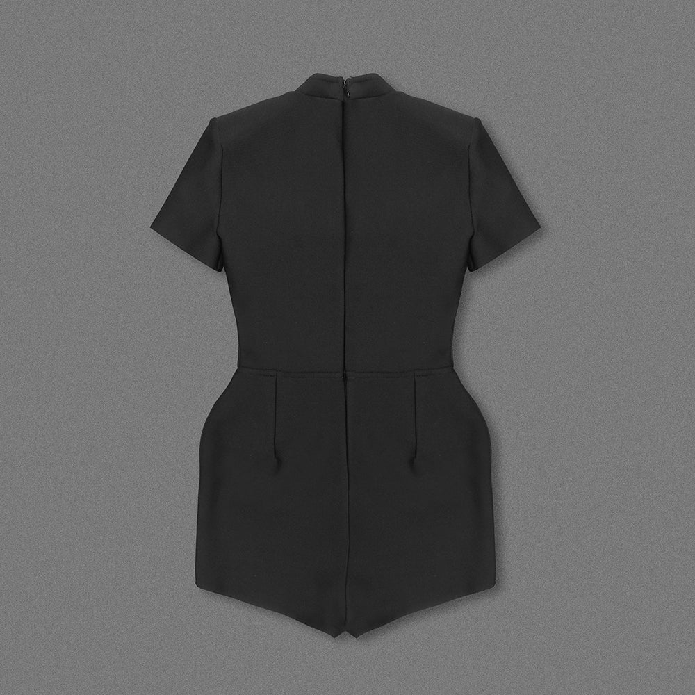 Donia Black Bandage Short Sleever Romper with Gold Button Detail
