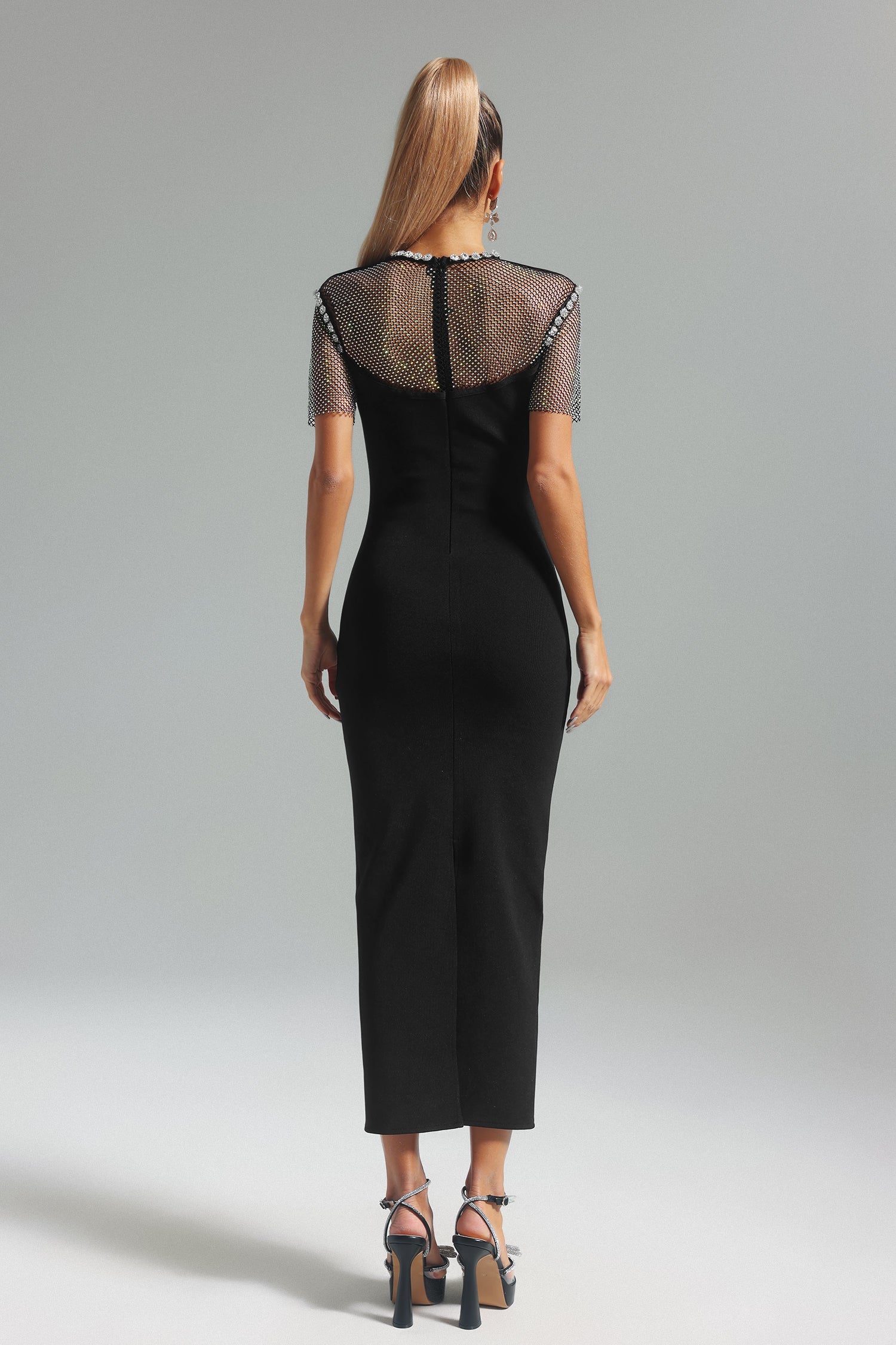 Jules Black Diamonte Rhinestone Trim Midi Bandage Dress