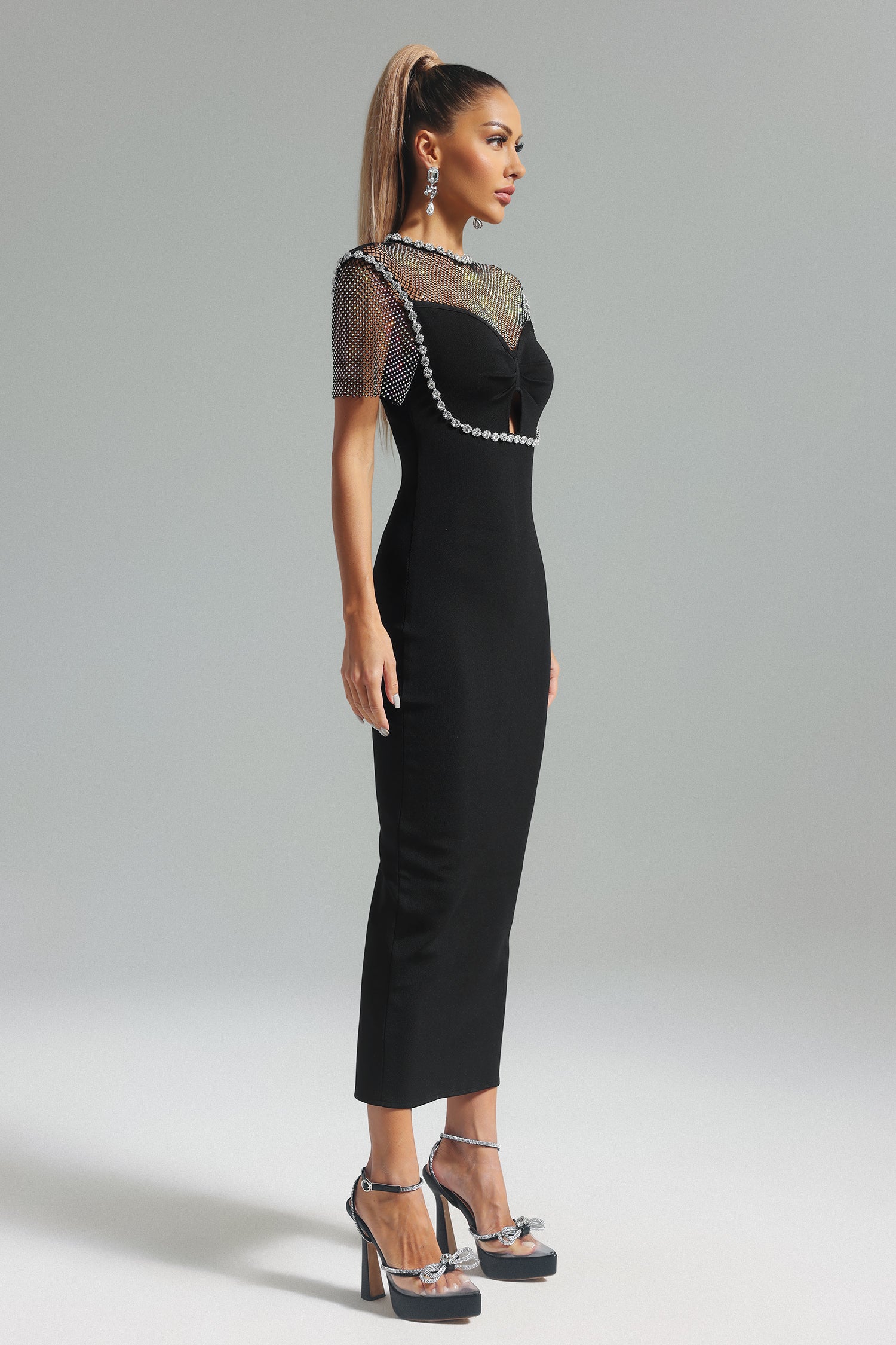 Jules Black Diamonte Rhinestone Trim Midi Bandage Dress
