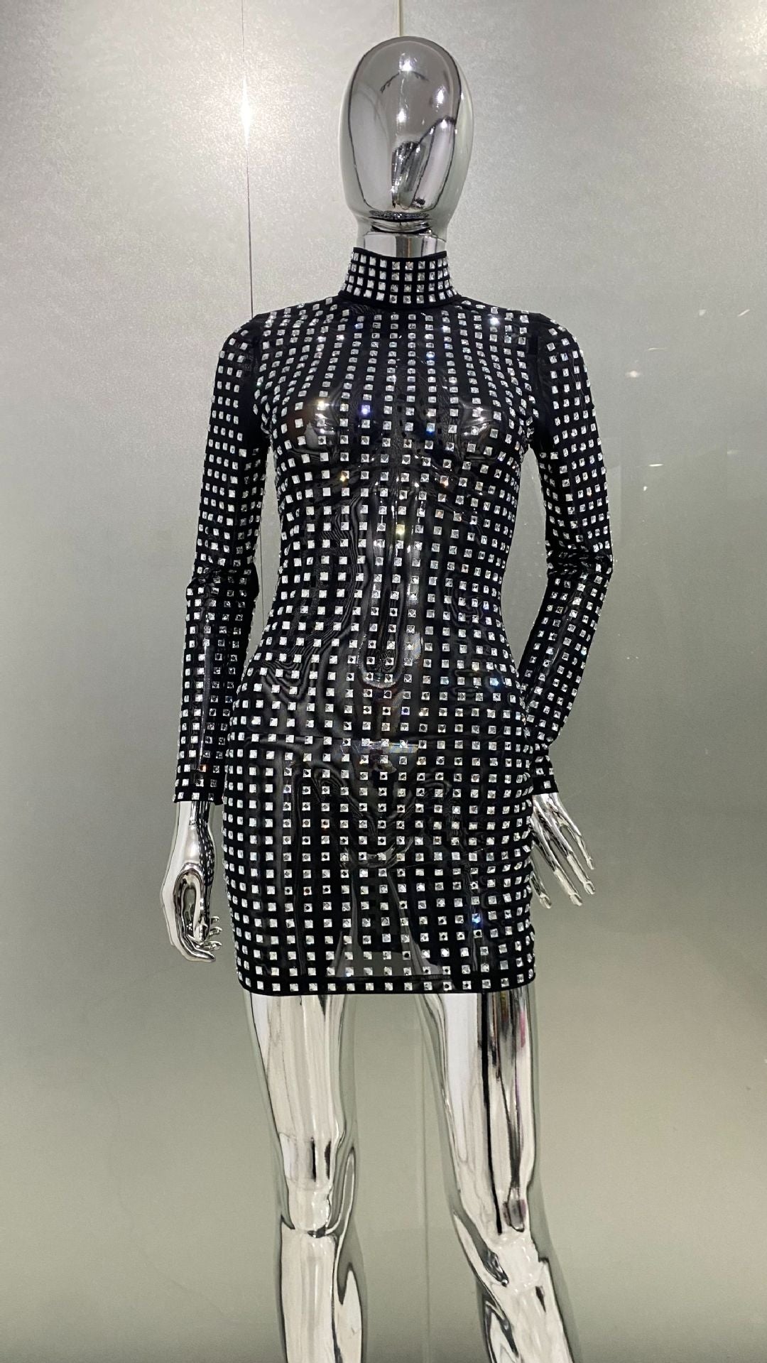 Colletta Black High Neck Crystal Long Sleeve Mini Dress