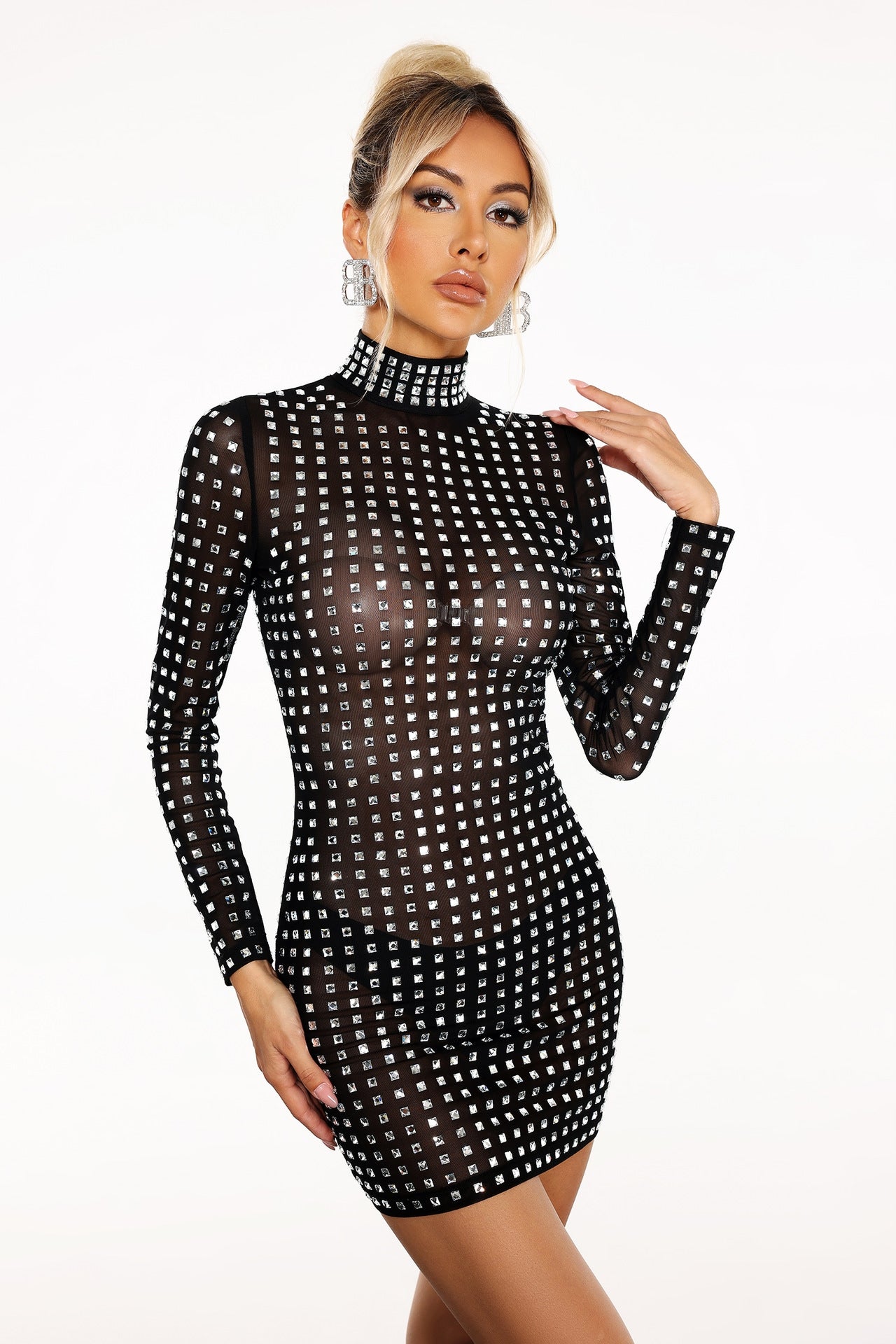 Colletta Black High Neck Crystal Long Sleeve Mini Dress