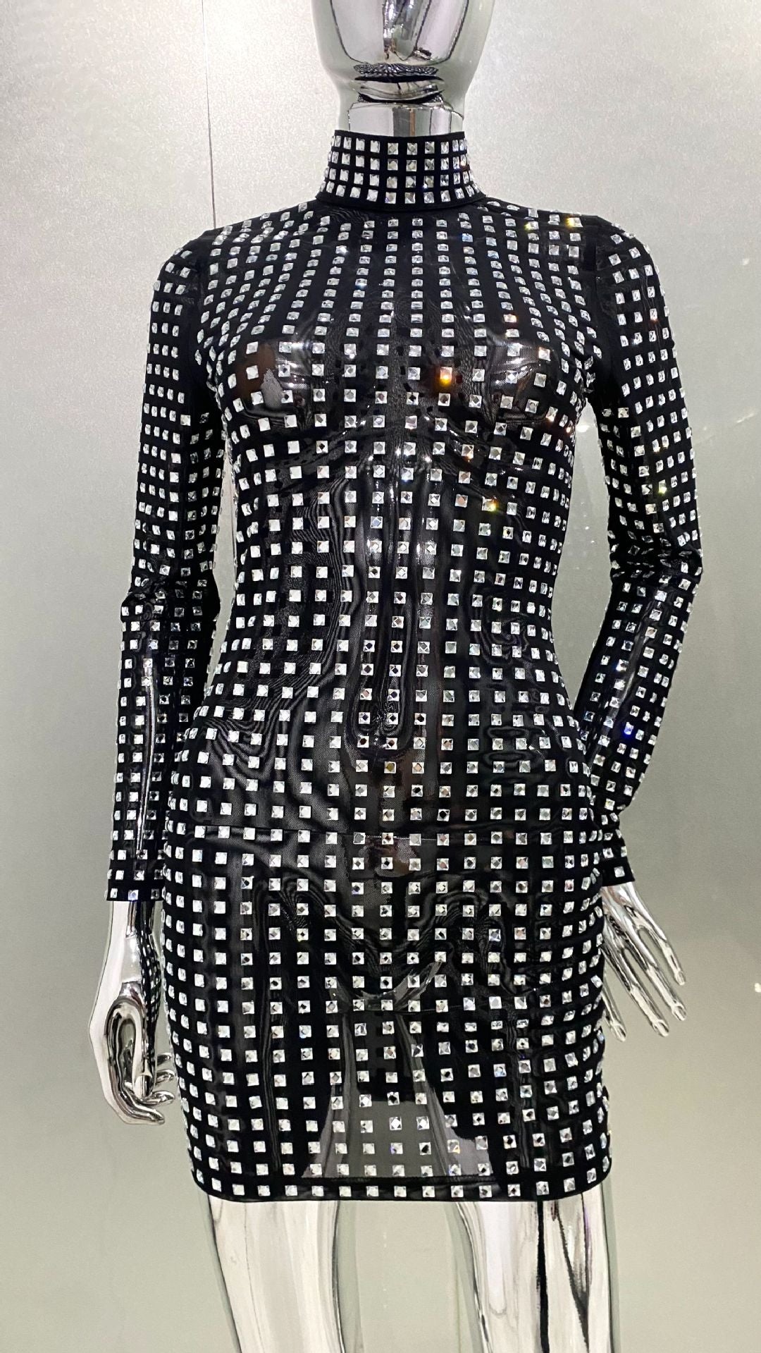 Colletta Black High Neck Crystal Long Sleeve Mini Dress