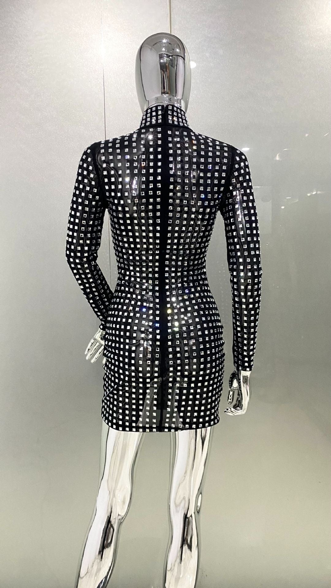 Colletta Black High Neck Crystal Long Sleeve Mini Dress