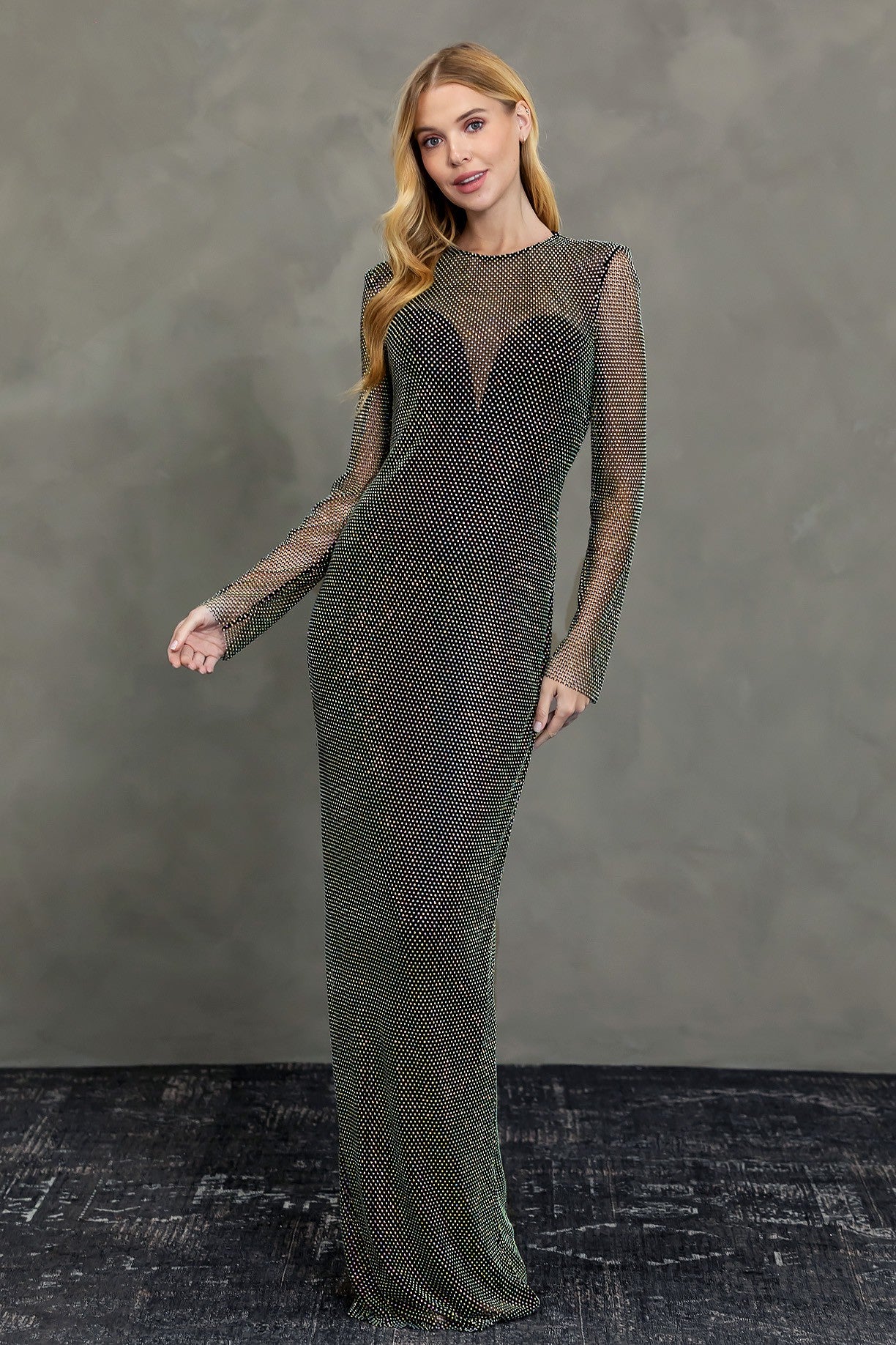 Mailee Black Long Sleeve Rhinestone Mesh Maxi Gown