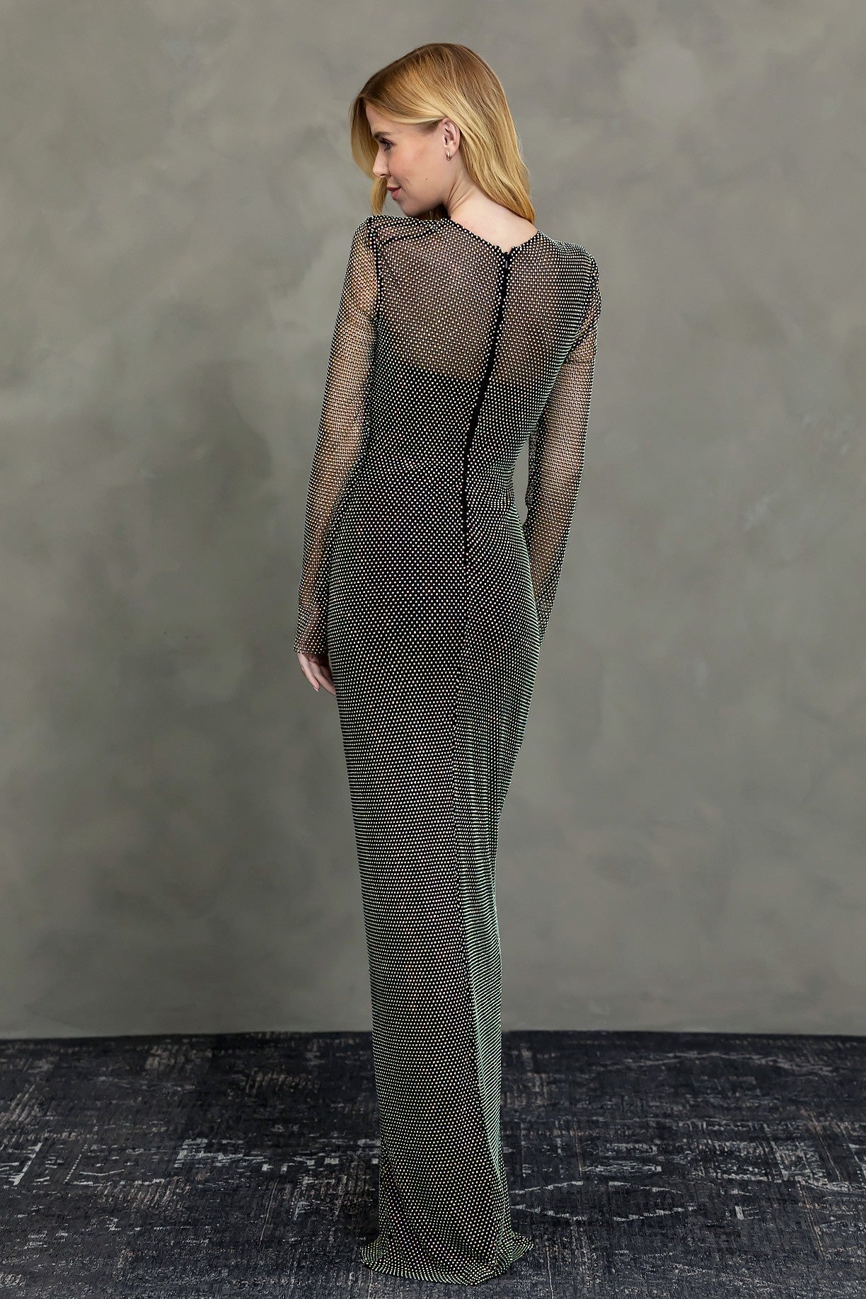 Mailee Black Long Sleeve Rhinestone Mesh Maxi Gown