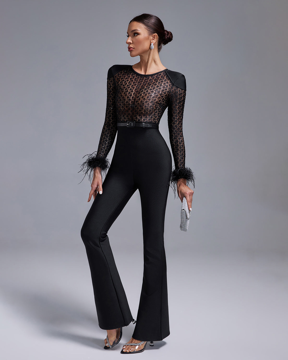 Gianna Black Long Sleeve Feather Trim Mesh Design Bodice Jumpsuit