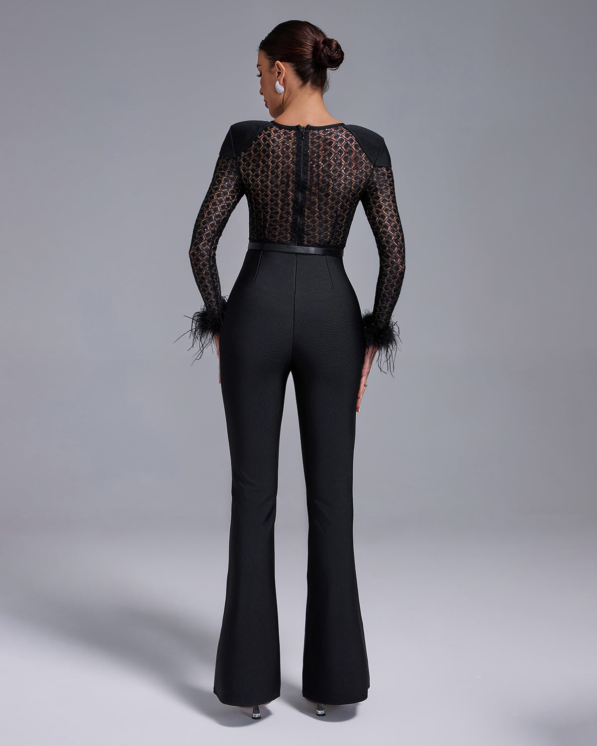 Gianna Black Long Sleeve Feather Trim Mesh Design Bodice Jumpsuit