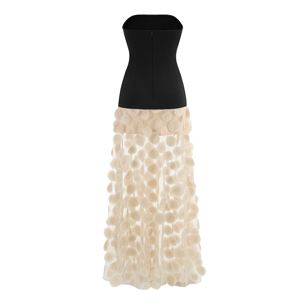 Philena Black Strapless Bodice Ivory 3D Floral Mesh Maxi Skirt Dress