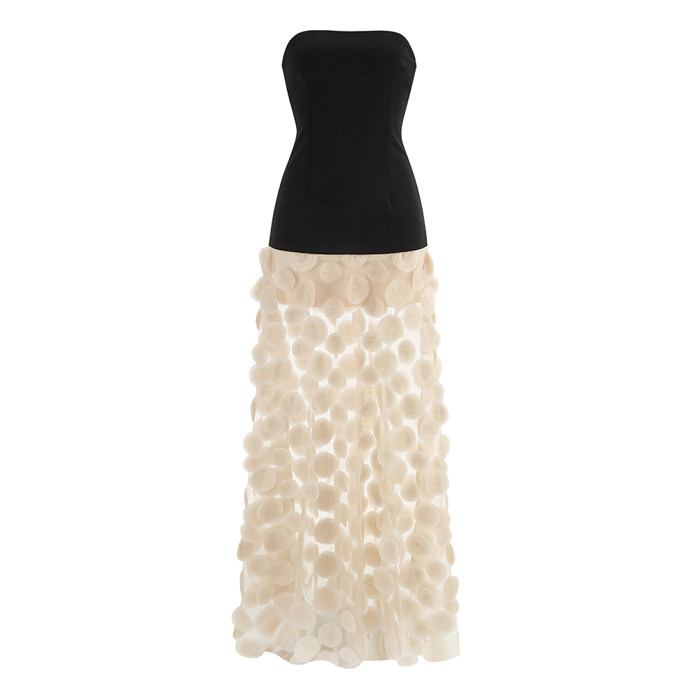 Philena Black Strapless Bodice Ivory 3D Floral Mesh Maxi Skirt Dress