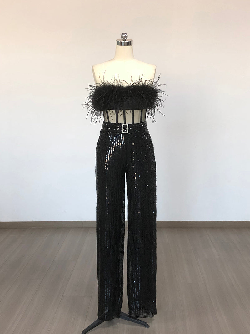 Tansy Black Strapless Feather Trim Faux Leather Mesh Corset Sequin Jumpsuit