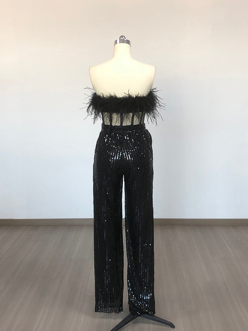 Tansy Black Strapless Feather Trim Faux Leather Mesh Corset Sequin Jumpsuit