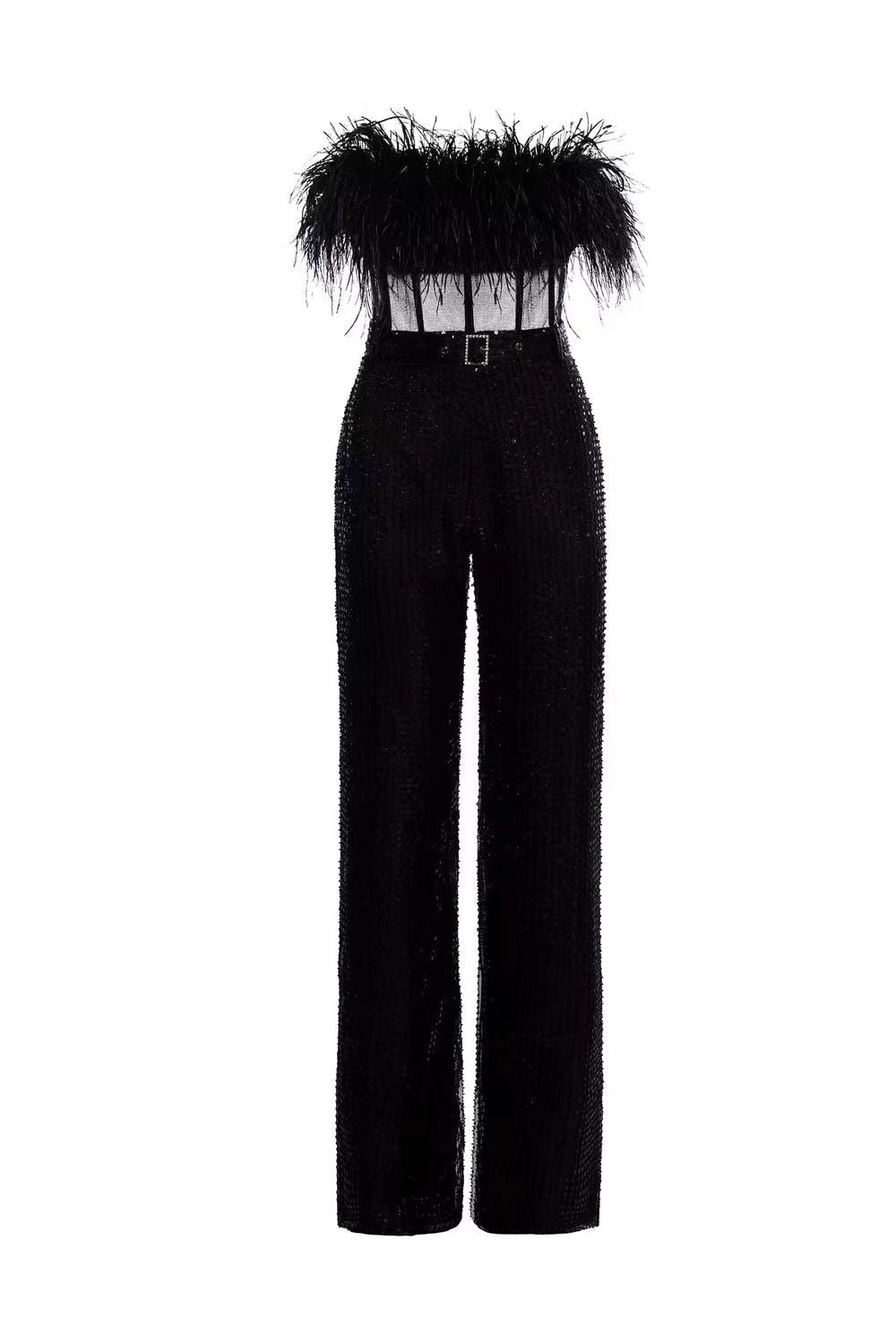 Tansy Black Strapless Feather Trim Faux Leather Mesh Corset Sequin Jumpsuit