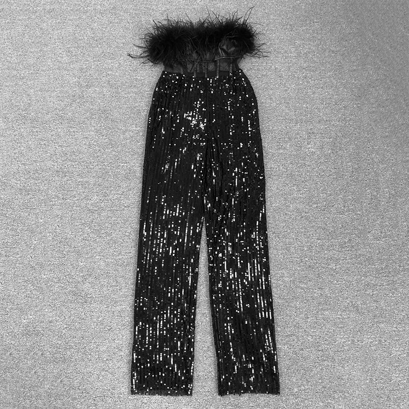 Tansy Black Strapless Feather Trim Faux Leather Mesh Corset Sequin Jumpsuit