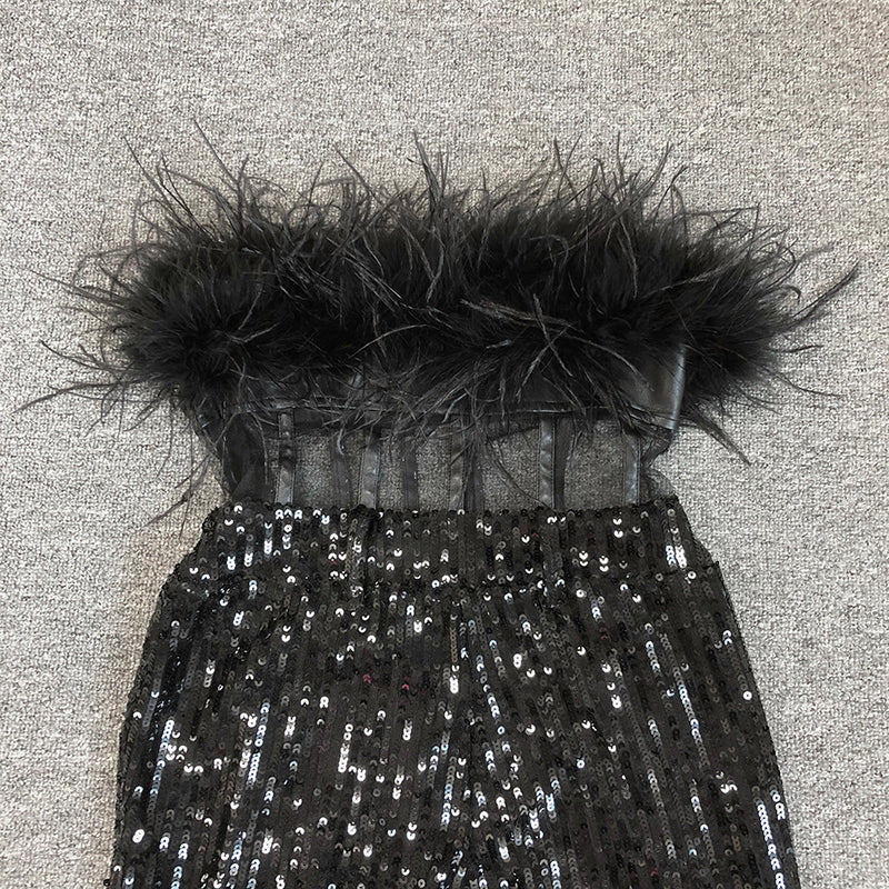 Tansy Black Strapless Feather Trim Faux Leather Mesh Corset Sequin Jumpsuit