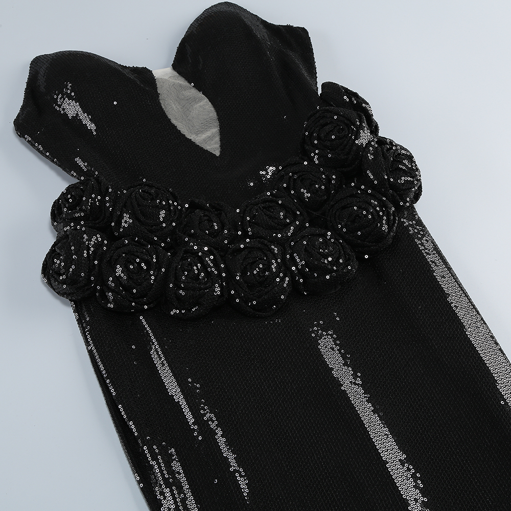 Athena Black Strapless Pointed Bodice Floral Waist Applique Sequin Maxi Dress