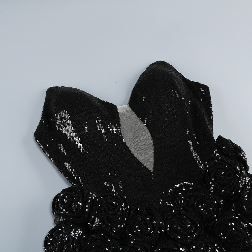 Athena Black Strapless Pointed Bodice Floral Waist Applique Sequin Maxi Dress