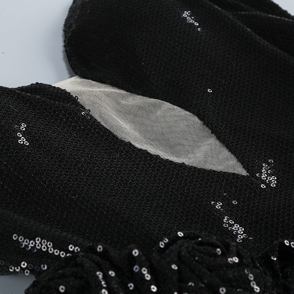 Athena Black Strapless Pointed Bodice Floral Waist Applique Sequin Maxi Dress