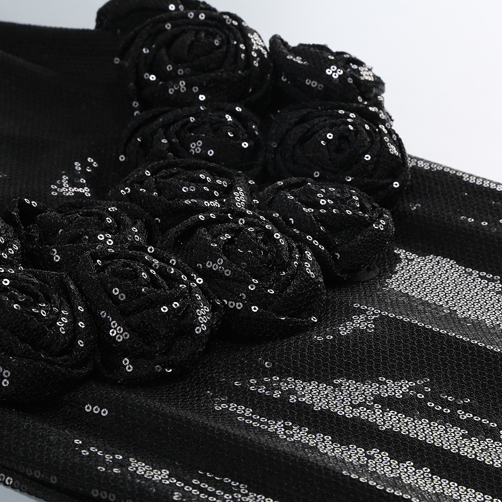 Athena Black Strapless Pointed Bodice Floral Waist Applique Sequin Maxi Dress