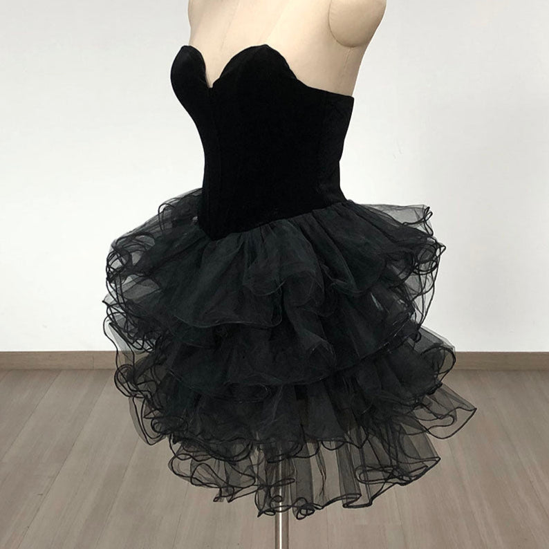 Cara Black Strapless Velvet Sweetheart Neck Bodice Tulle Tier Ruffle Skirt Mini Dress