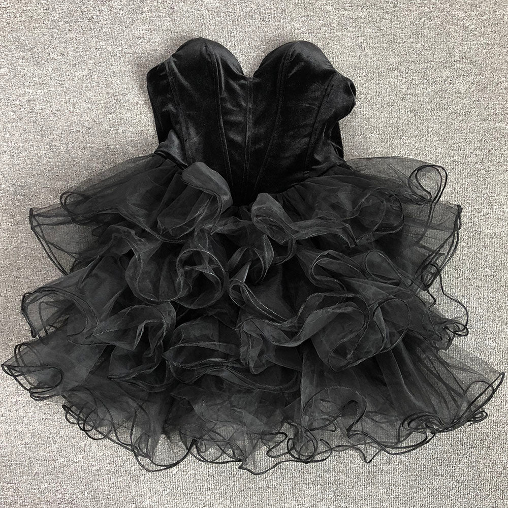 Cara Black Strapless Velvet Sweetheart Neck Bodice Tulle Tier Ruffle Skirt Mini Dress
