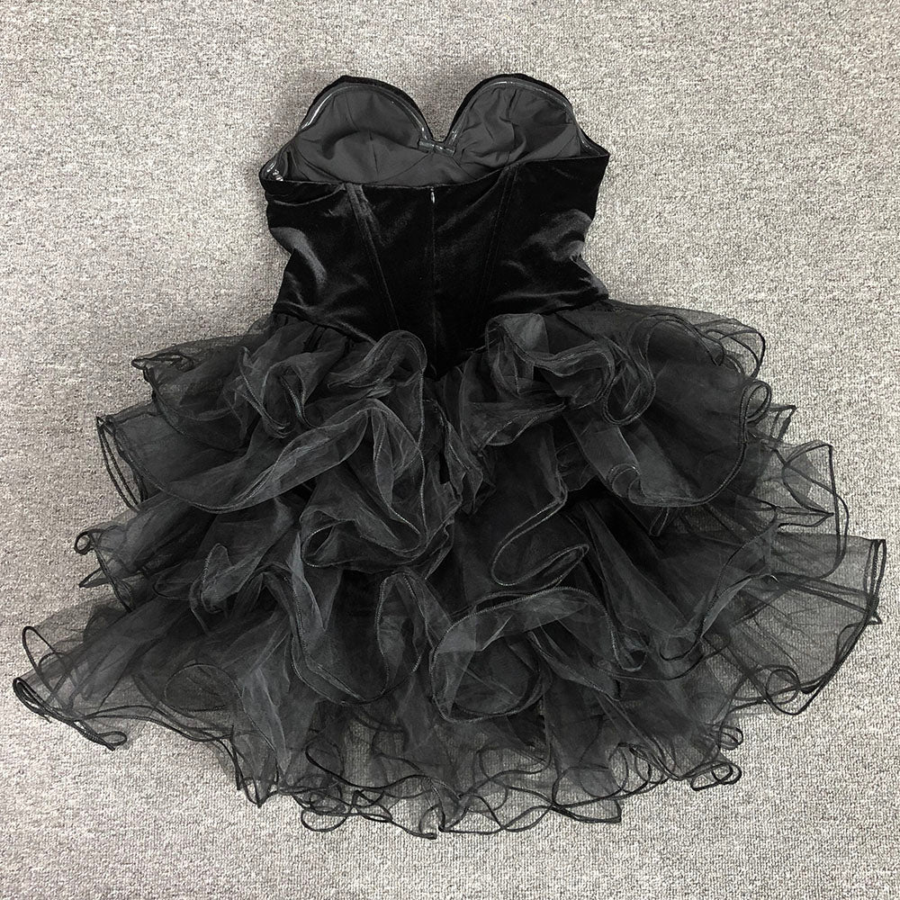 Cara Black Strapless Velvet Sweetheart Neck Bodice Tulle Tier Ruffle Skirt Mini Dress