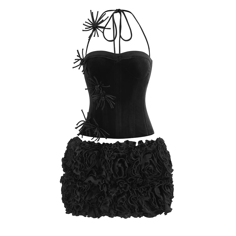 Alira Velvet Lace Up Corset Floral Ruffle Mini Skirt Set
