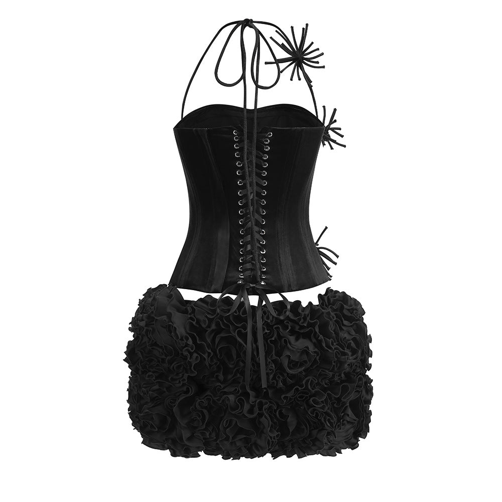 Alira Velvet Lace Up Corset Floral Ruffle Mini Skirt Set