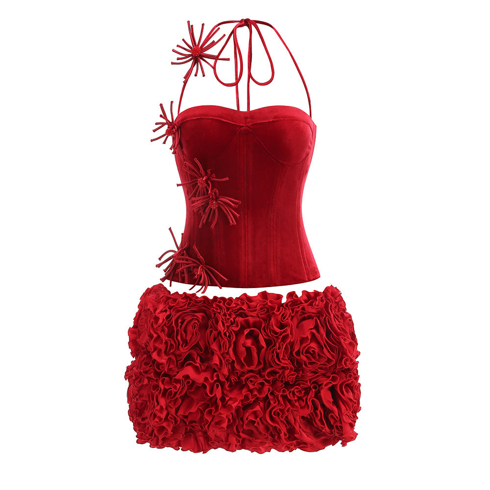 Alira Velvet Lace Up Corset Floral Ruffle Mini Skirt Set