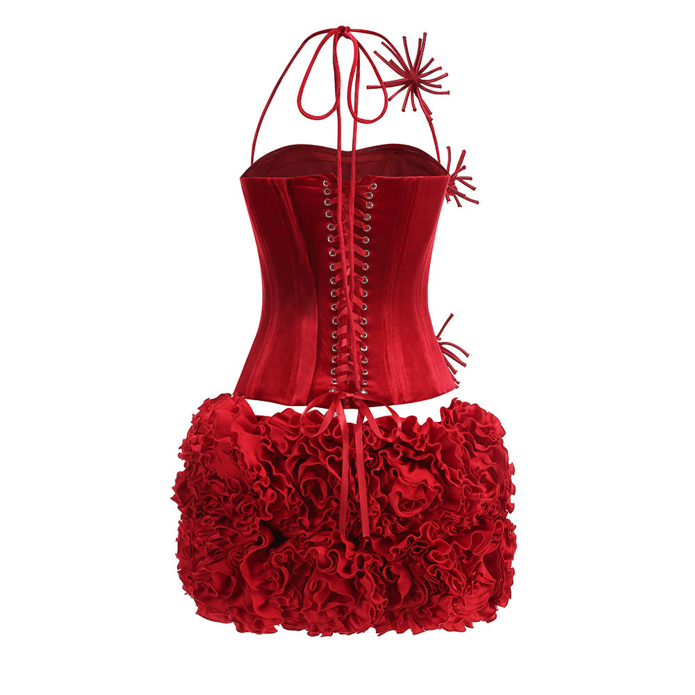 Alira Velvet Lace Up Corset Floral Ruffle Mini Skirt Set