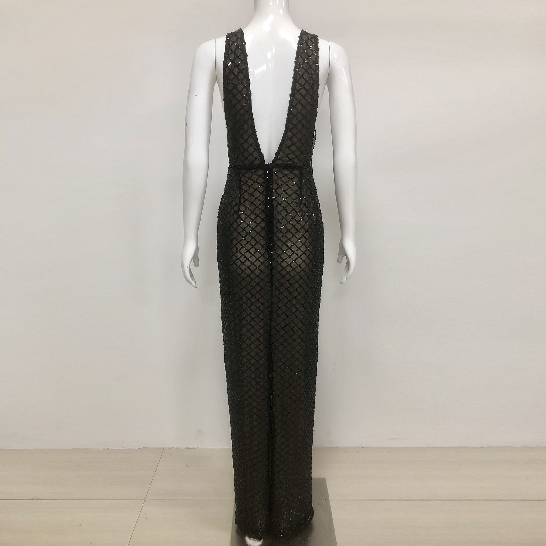 Miley Black & Nude Deep V Sequin Print Velvet Bow Front Maxi Dress