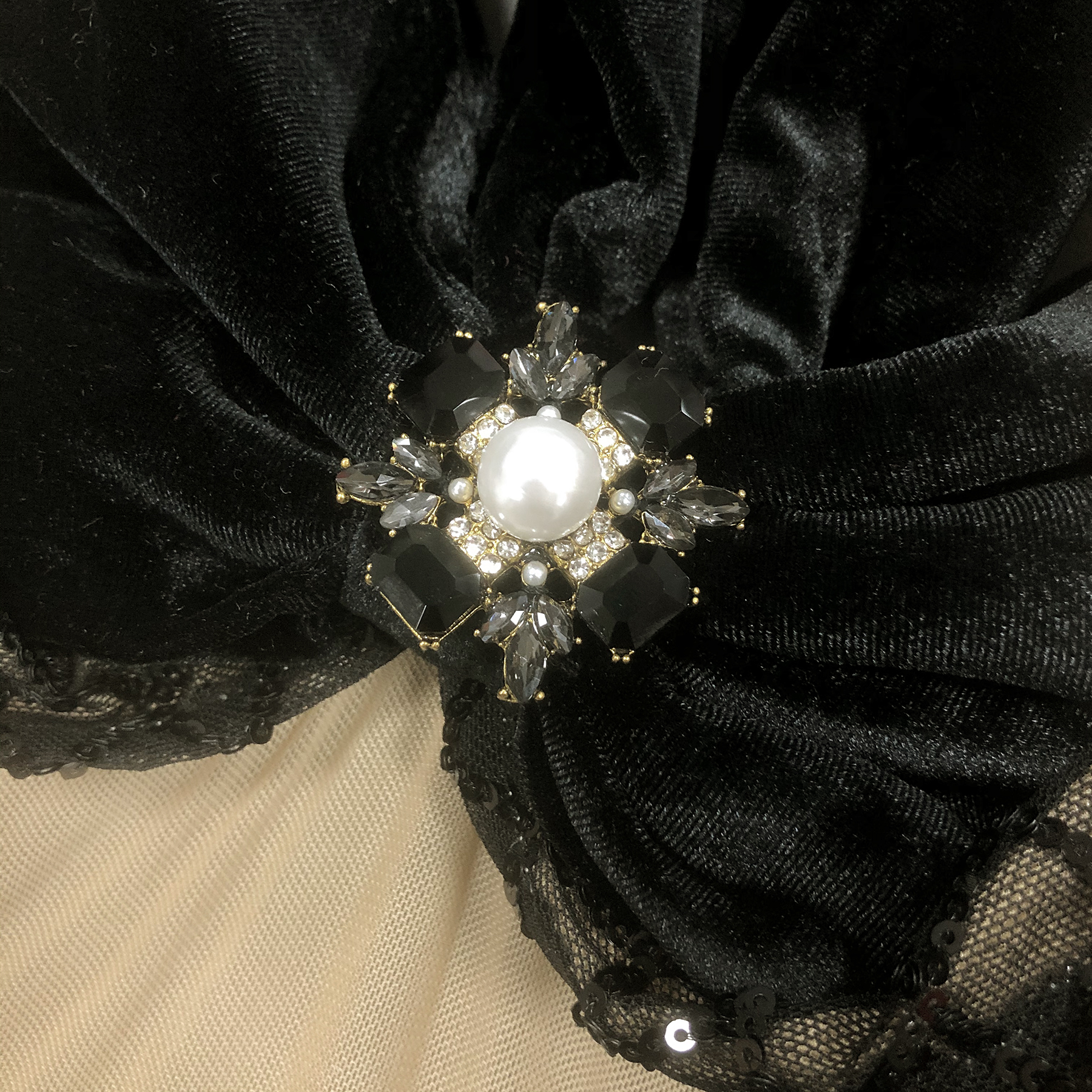 Miley Black & Nude Deep V Sequin Print Velvet Bow Front Maxi Dress