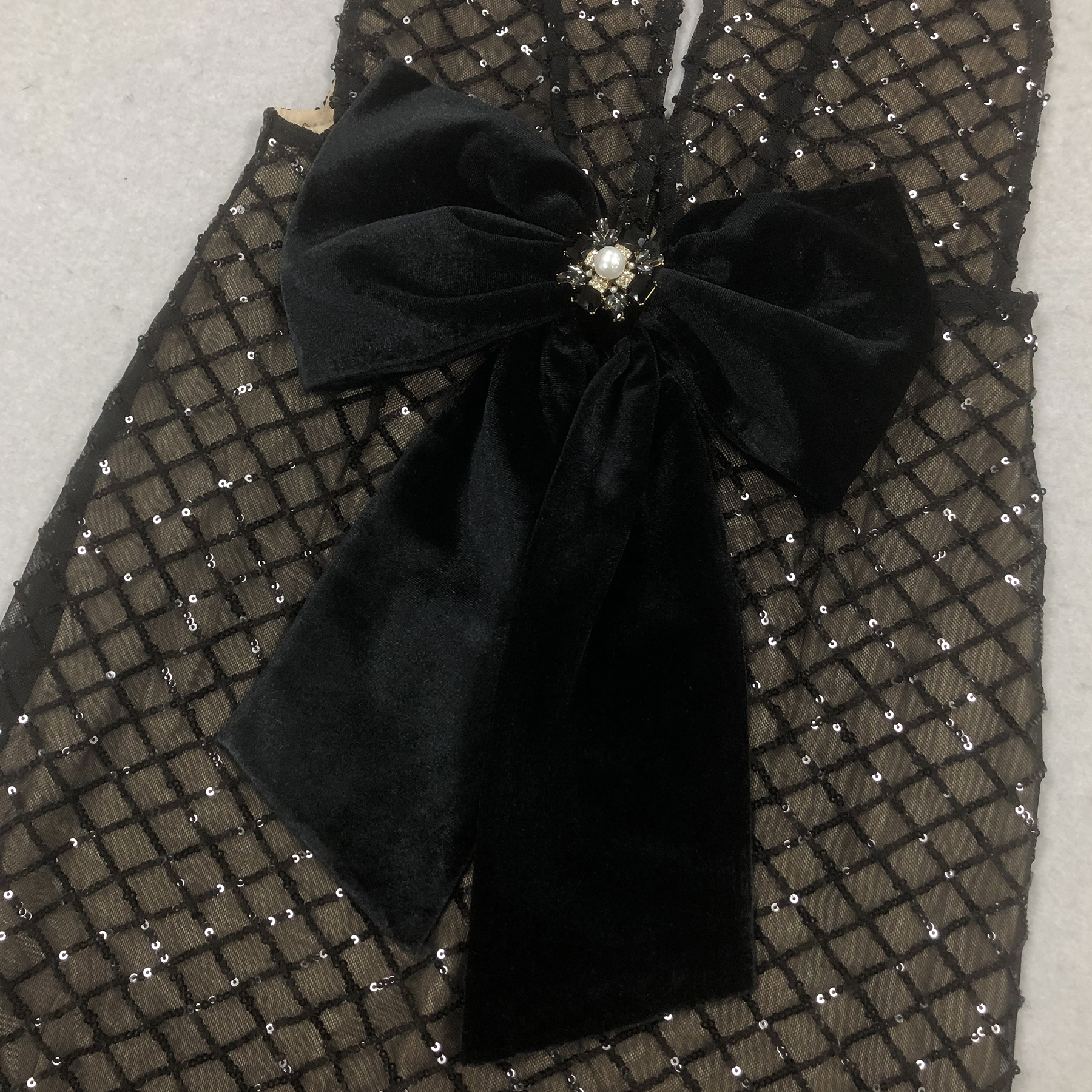 Miley Black & Nude Deep V Sequin Print Velvet Bow Front Maxi Dress