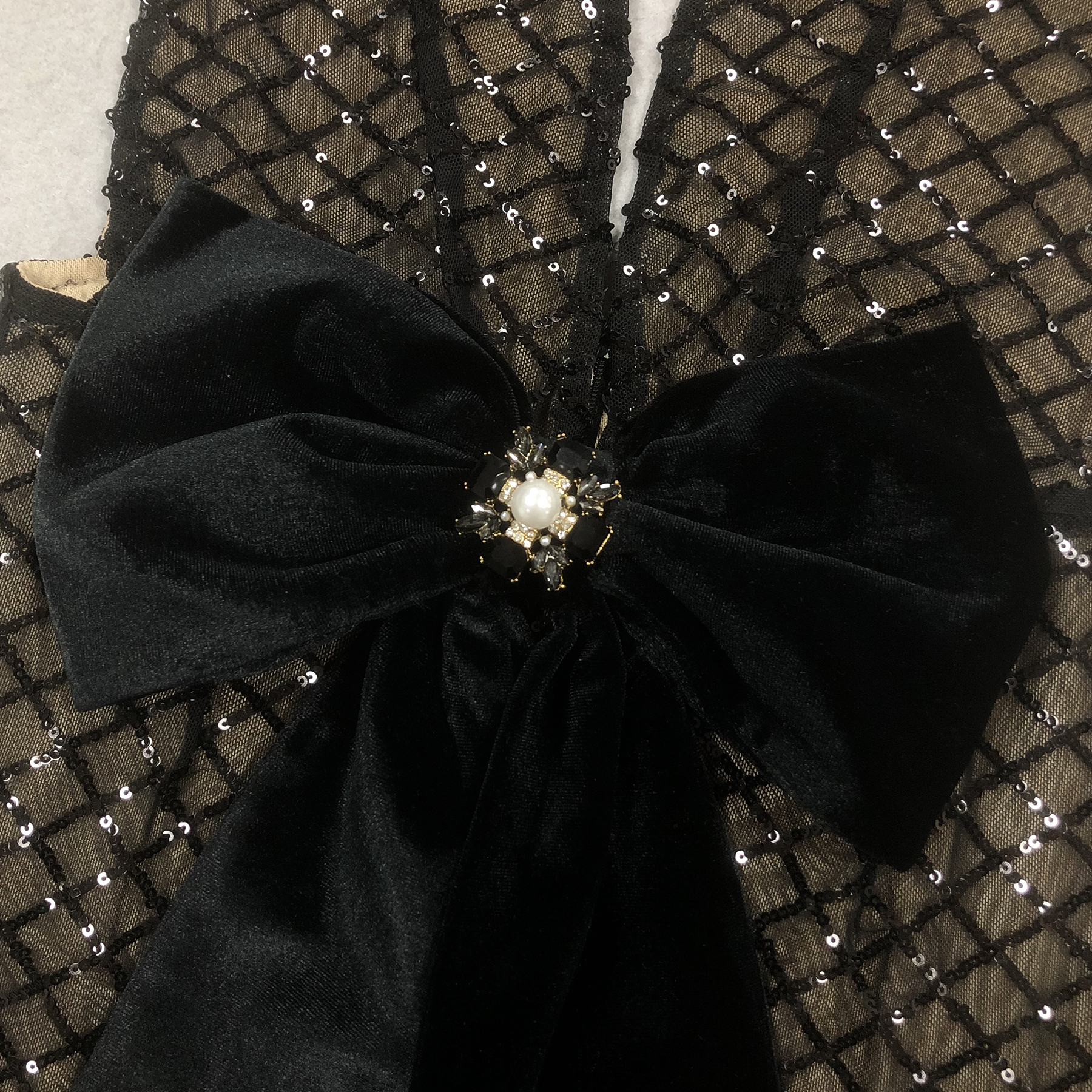 Miley Black & Nude Deep V Sequin Print Velvet Bow Front Maxi Dress