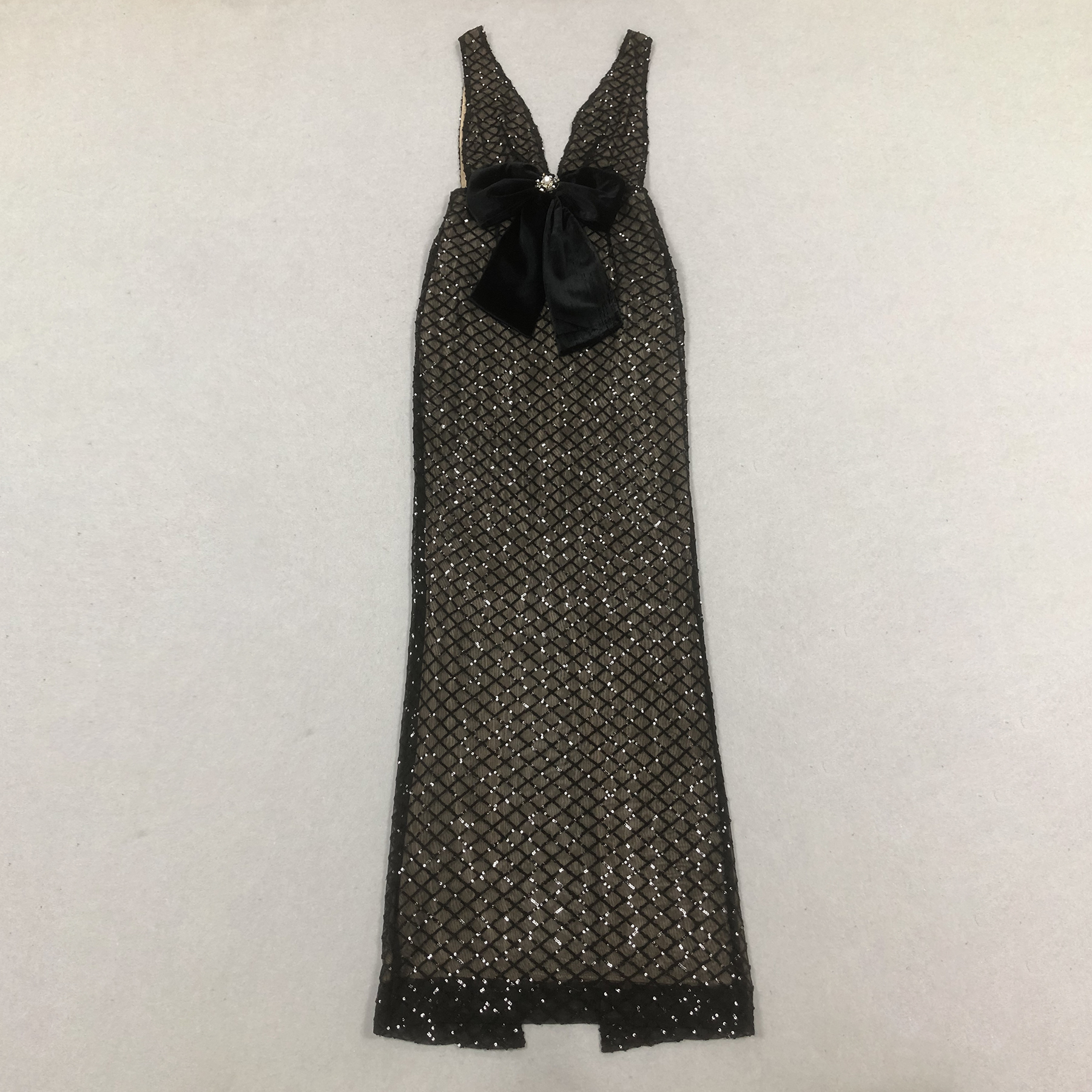 Miley Black & Nude Deep V Sequin Print Velvet Bow Front Maxi Dress