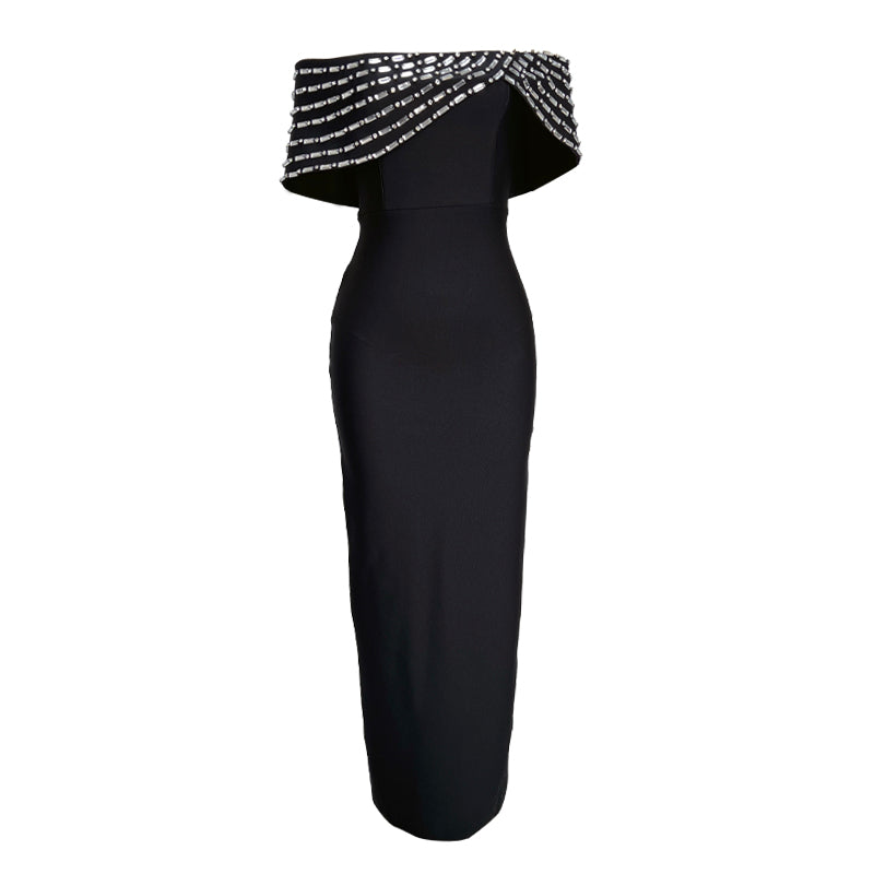 Rosabel Black Off Shoulder Crystal Detail Bandage Maxi Dress