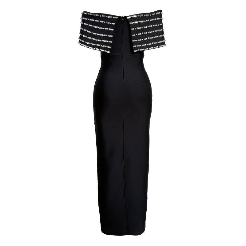 Rosabel Black Off Shoulder Crystal Detail Bandage Maxi Dress