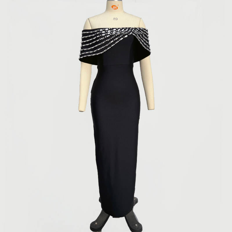 Rosabel Black Off Shoulder Crystal Detail Bandage Maxi Dress