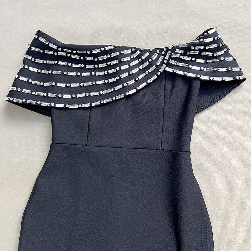 Rosabel Black Off Shoulder Crystal Detail Bandage Maxi Dress