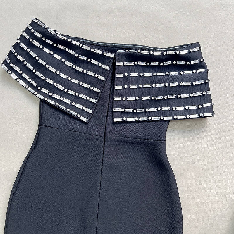 Rosabel Black Off Shoulder Crystal Detail Bandage Maxi Dress