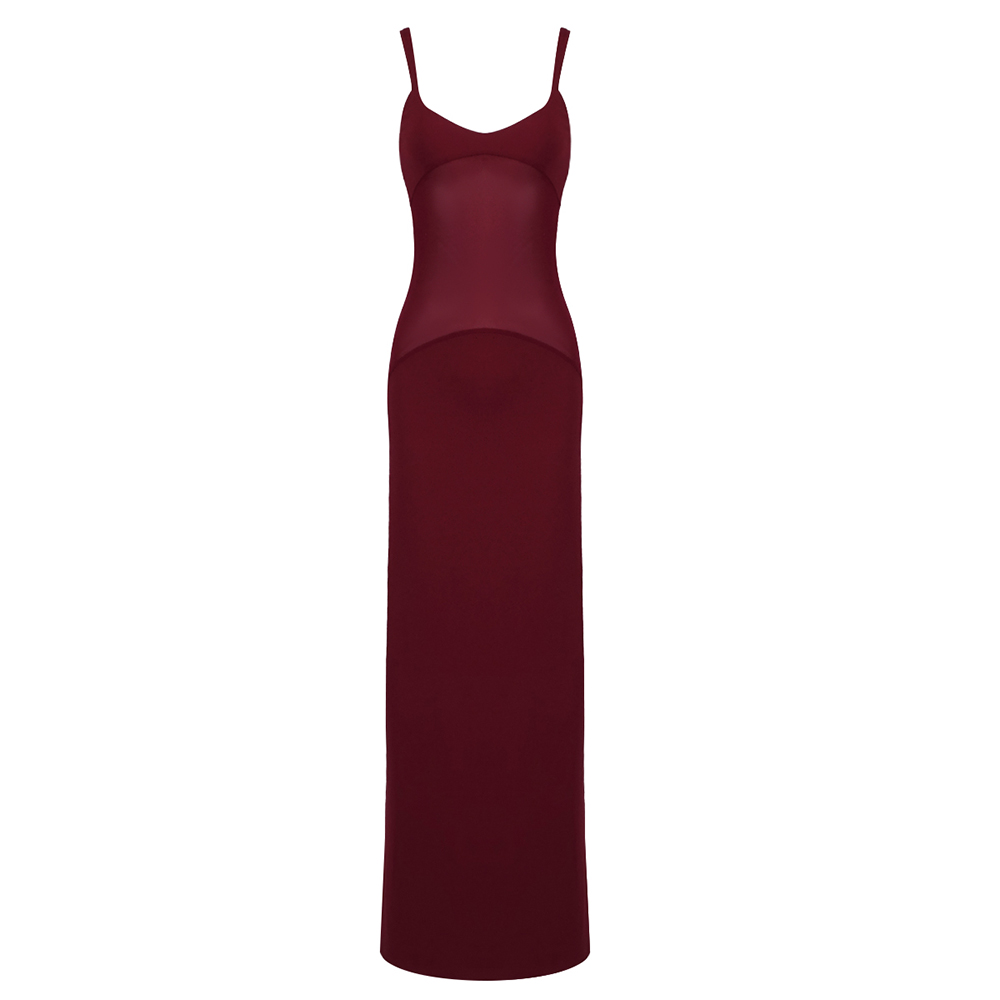 Kaori Burgundy Mesh Midriff Maxi Dress