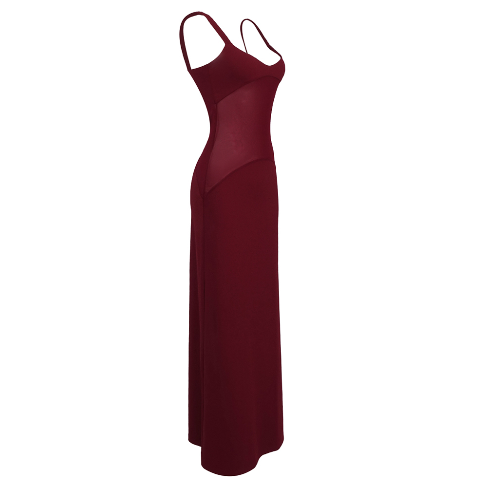 Kaori Burgundy Mesh Midriff Maxi Dress