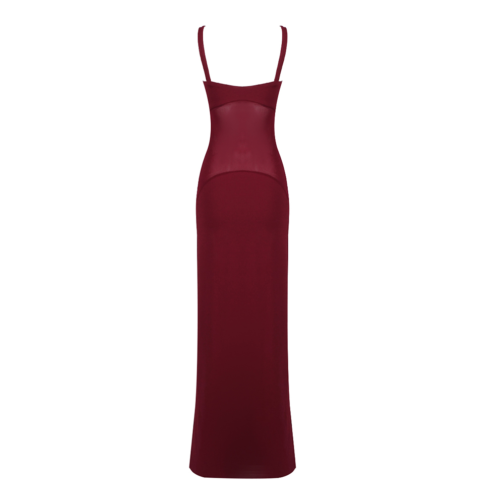 Kaori Burgundy Mesh Midriff Maxi Dress